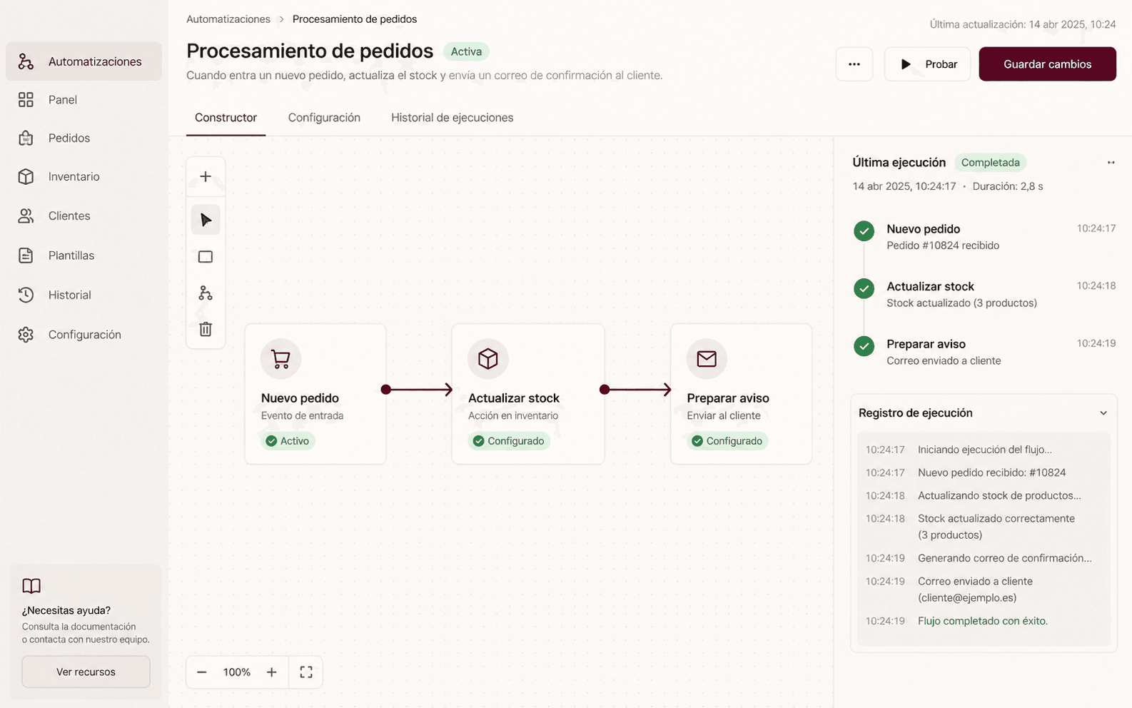 Interfaz ilustrativa de un flujo que conecta pedido, stock y aviso